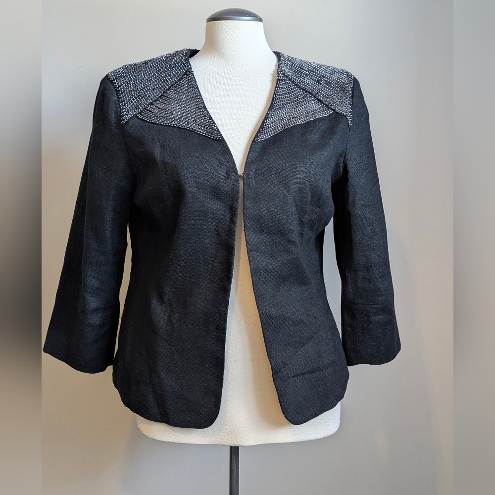 Linen Cotton Blazer Jacket Chain Metallic Large Black Gunmetal Tailored Workwear